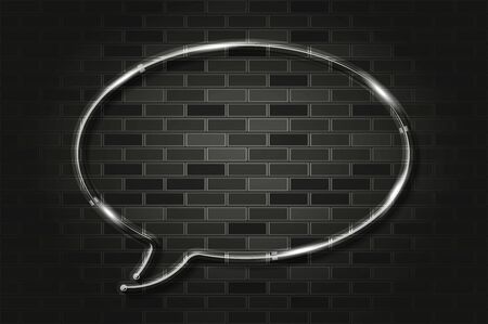 Round speech bubble glows with white light or LED strip light. Realistic vector illustration. Black brick wall, soft shadow, metal holders.のイラスト素材