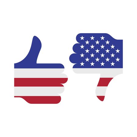 Voting for and against. Thumb up and down. The US presidential election 2020. American flag colors. Vector illustration.のイラスト素材