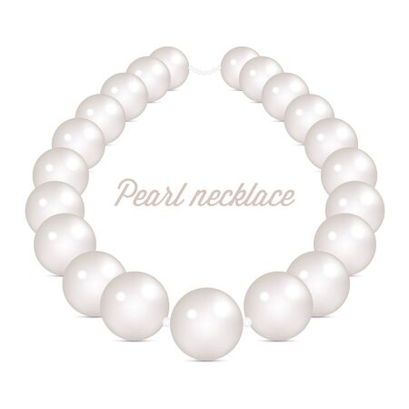 Shiny realistic pearl necklace isolated on white background. White pearl necklace. Jewelry frame. Realistic jewelry object. Vector illustration.のイラスト素材