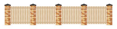 Wooden fence with brick pillars isolated on white. Brick fence with wooden boards. Vector illustration.のイラスト素材