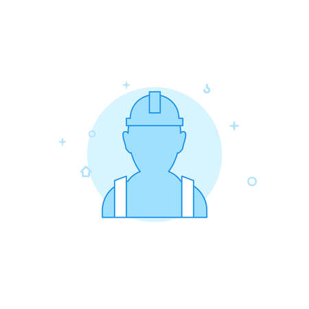 Worker, builder in hard hat vector icon. Flat illustration. Filled line style. Blue monochrome design. Editable stroke. Adjust line weight.のイラスト素材
