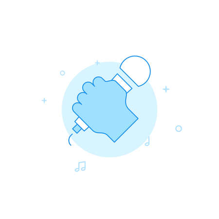 Hand with microphone vector icon. Flat illustration. Filled line style. Blue monochrome design. Editable stroke. Adjust line weight.のイラスト素材