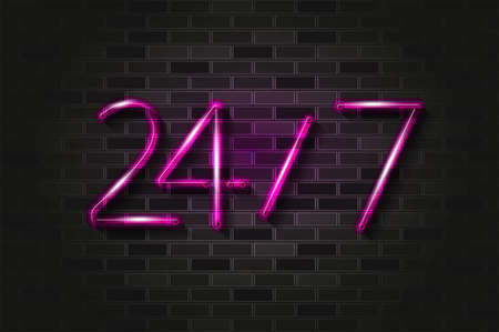 24 hours, 7 days glowing neon sign or glass tube. Realistic vector illustration. Black brick wall, soft shadow.のイラスト素材