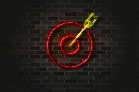 Yellow arrow in the red target glowing neon sign or glass tube. Realistic vector illustration. Black brick wall, soft shadow.のイラスト素材