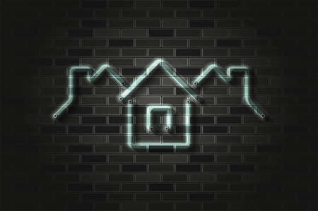 Real estate, village, town roofs glowing neon sign or glass tube. Realistic vector illustration. Black brick wall, soft shadow.のイラスト素材