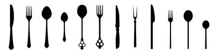 Cutlery vector silhouettes, a set of vintage and modern knives, spoons and forks. 12 items isolated on white.のイラスト素材