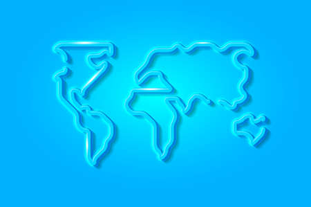 World map, planet, continents glowing 3D symbol, card template. Realistic vector illustration. Blue background.のイラスト素材