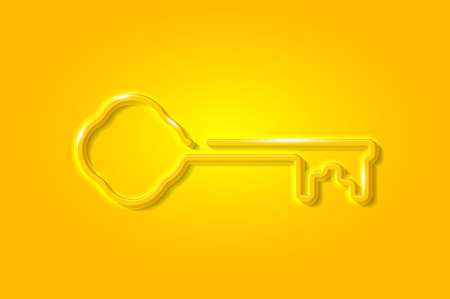 Vintage golden key glowing 3D symbol, card template. Realistic vector illustration. Yellow background.のイラスト素材