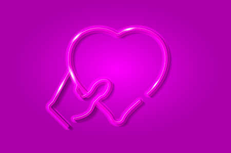Hand gives heart glowing 3D symbol, card template. Realistic vector illustration. Purple background.のイラスト素材