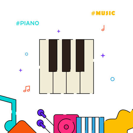 Pianist, piano player, piano keys filled line vector icon, simple illustration, related bottom border.のイラスト素材
