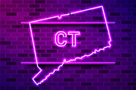 Connecticut US state glowing neon lamp sign. Realistic vector illustration. Purple brick wall, violet glow, metal holders.のイラスト素材