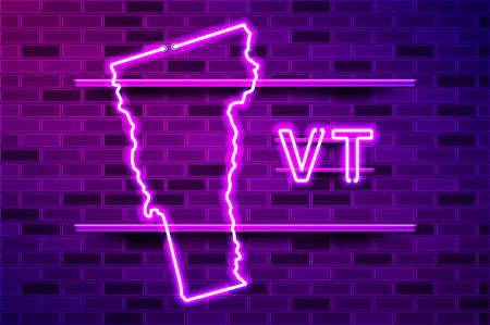Vermont US state glowing neon lamp sign. Realistic vector illustration. Purple brick wall, violet glow, metal holders.のイラスト素材