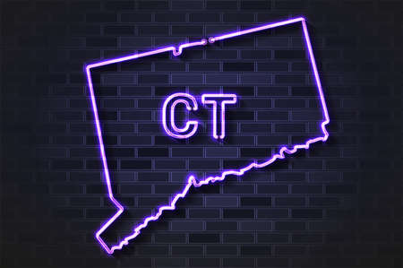 Connecticut map glowing neon lamp or glass tube. Realistic vector illustration. Black brick wall, soft shadow.のイラスト素材