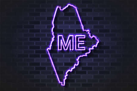 Maine map glowing neon lamp or glass tube. Realistic vector illustration. Black brick wall, soft shadow.のイラスト素材