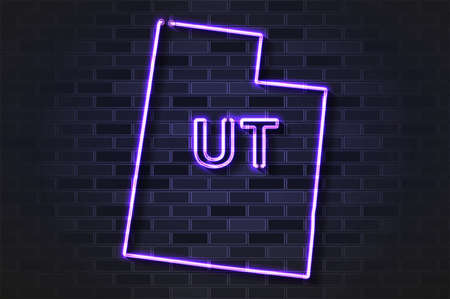 Utah map glowing neon lamp or glass tube. Realistic vector illustration. Black brick wall, soft shadow.のイラスト素材