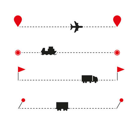 Cargo transportation icon set and route template. Various map markers. Airplane, container ship, wagon, railway car silhouette icons. Vector illustration.のイラスト素材