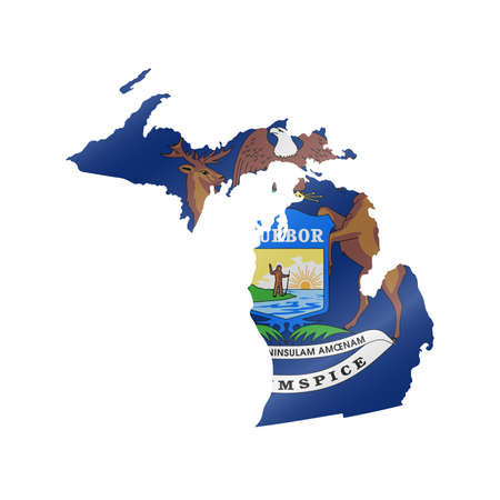 Detailed waving flag map of Michigan. Vector map with masked flag.のイラスト素材