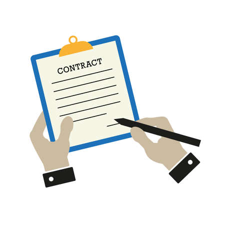 Contract signing. Left hand holds a document, the right one signs. Flat style vector illustration isolated on white.のイラスト素材