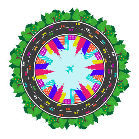 Big city and ring road. Little planet style. Flat vector illustration isolated on white.のイラスト素材