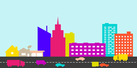 Big city and intensive road in front of it. Car traffic. Flat style vector illustration.のイラスト素材