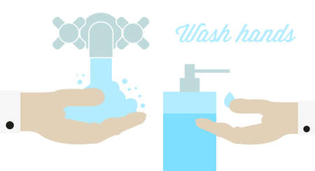 Wash hands. Faucet with water and liquid soap. Flat style vector illustration.のイラスト素材