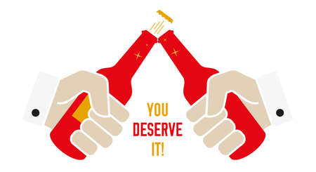 You deserve it. Two male hands clink beer bottles. Flat style vector illustration.のイラスト素材