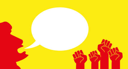 Red protest hands with raised fists. The leader of the rioters says something. White speech bubble. Protest banner vector template.のイラスト素材