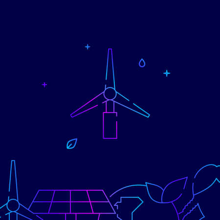 Windmill, wind turbine gradient line vector icon, simple illustration on a dark blue background, eco activism related bottom border.のイラスト素材
