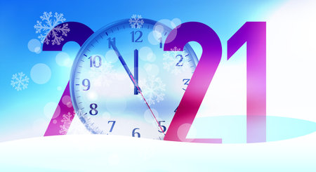 Big numbers 2021 in snow drifts. The watch dial shows five to twelve. Merry Christmas and happy New Year related 3d realistic vector illustration.のイラスト素材