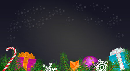Night black christmas border, garland or wreath. Merry Christmas and happy New Year related 3d realistic vector illustration.のイラスト素材