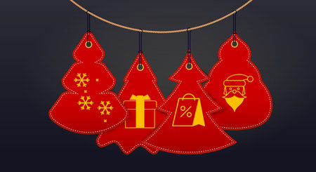Red Christmas tree shaped sale tags hunged on a string. Merry Christmas and happy New Year related 3d realistic vector illustration.のイラスト素材