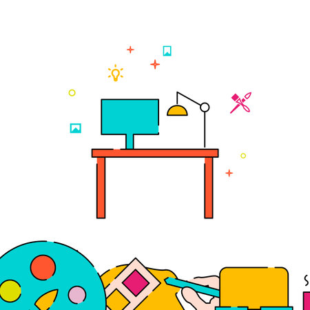 Designer workplace filled line vector icon, simple illustration, creativity, art and design related bottom border.のイラスト素材