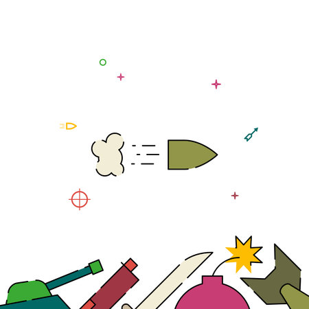 Flying bullet filled line vector icon, simple illustration, weapon related bottom border.のイラスト素材