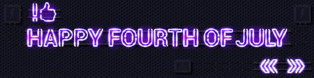 HAPPY FOURTH OF JULY glowing purple neon lamp sign. Realistic vector illustration. Perforated black...