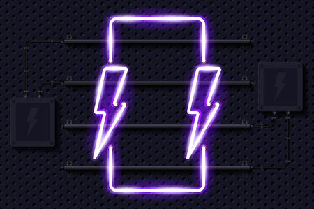 Smartphone flash sale glowing purple neon lamp sign. Realistic vector illustration. Perforated black metal grill wall with electrical equipment.のイラスト素材