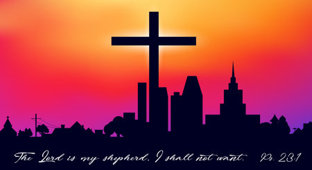 Christian cross and big city. Christian postcard, greeting card. Quote from psalm 23. Flat vector illustration.のイラスト素材
