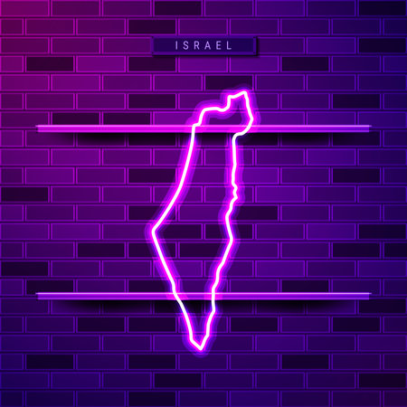Israel map glowing neon lamp sign. Realistic vector illustration. Country name plate. Purple brick wall, violet glow, metal holders.のイラスト素材