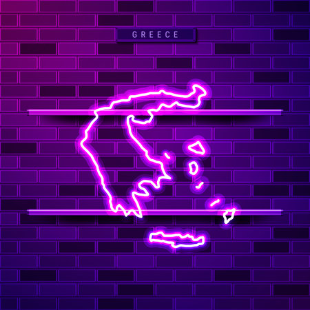 Greece map glowing neon lamp sign. Realistic vector illustration. Country name plate. Purple brick wall, violet glow, metal holders.のイラスト素材