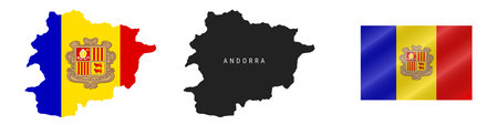 Andorra. Map with masked flag. Detailed silhouette. Waving flag. Vector illustration isolated on white.のイラスト素材