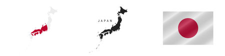 Japan. Map with masked flag. Detailed silhouette. Waving flag. Vector illustration isolated on white.のイラスト素材