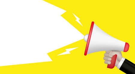 Hand holding megaphone. 3D vector illustration on yellow background.のイラスト素材