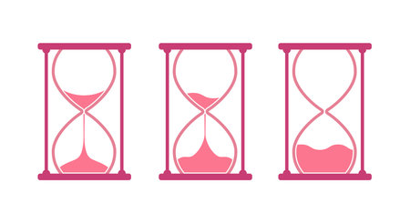 Pink round hourglass, sandglass icon set. Flat vector illustration isolated on white.のイラスト素材