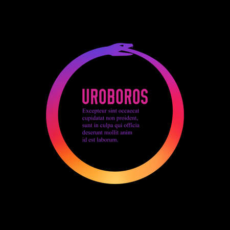Uroboros. Ouroboros. Ancient symbol. The snake eats its tail. Infinity. Round circle frame. Flat vector illustration isolated on black background.のイラスト素材