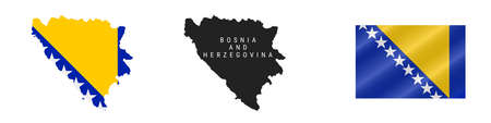 Bosnia and Herzegovina. Map with masked flag. Detailed silhouette. Waving flag. Vector illustration isolated on white.のイラスト素材