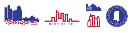 Mississippi real estate agency. US realty emblem icon set. Flat vector illustration. American flag colors. Big city and suburbs. Simple silhouette map in the round seal stamp.のイラスト素材
