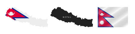 Nepal. Map with masked flag. Detailed silhouette. Waving flag. Vector illustration isolated on white.のイラスト素材