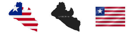 Liberia. Map with masked flag. Detailed silhouette. Waving flag. Vector illustration isolated on white.のイラスト素材