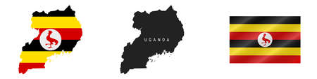 Uganda. Map with masked flag. Detailed silhouette. Waving flag. Vector illustration isolated on white.のイラスト素材