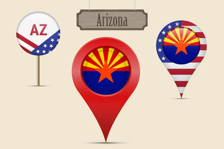 Arizona US state round flag. Map pin, red map marker, location pointer. Hanging wood sign in vintage style. Vector illustration. American stars and stripes flag. Two-letter state abbreviation.のイラスト素材