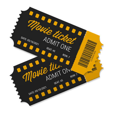 Two cinema tickets close up top view. Tear-off ticket. Black and yellow tickets with barcode. Vector illustration isolated on white.のイラスト素材